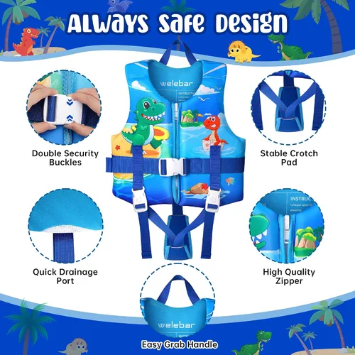 Vista 4 de Chaleco de natación para niños, flotadores para niños pequeños con correa de seguridad ajustable, ayudas de natación, flotador infantil, traje