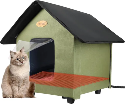 Vista 10 de Casa climatizada para gatos para exteriores en invierno, casa elevada para gatos al aire libre, resistente a la intemperie, puerta de escape