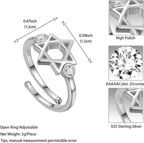 Vista 32 de Jewmon Anillo de plata de ley con estrella de David para mujer – Anillo ajustable Magen David – Amuleto Wicca – Regalos judíos