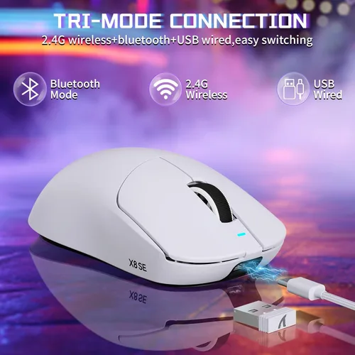 Vista 3 de ATTACK SHARK X8SE - Mouse inalámbrico para juegos, sensor óptico ajustable de 25 K DPI PAW3311, ergonómico de 2.08 oz ligero, triple modo