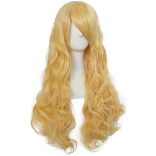 Vista 3 de ANOGOL Gorro de pelo + 31.5 in32 pulgadas, peluca amarilla rizada para anime, cosplay, mujer, peluca larga rubia con flequillo, cabello amarillo
