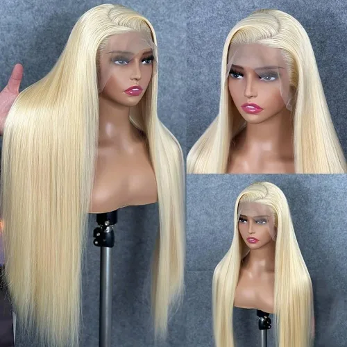 Vista 2 de 613 13x4 Peluca de encaje frontal transparente HD de cabello humano recto rubio platino Peluca de cabello humano predepilado con cabello de bebé