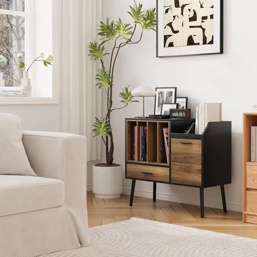 Vista 5 de Semiocthome Soporte para tocadiscos con caja de almacenamiento de vinilo anidable, mesa de tocadiscos con cajón, un gabinete, área de almacenamiento