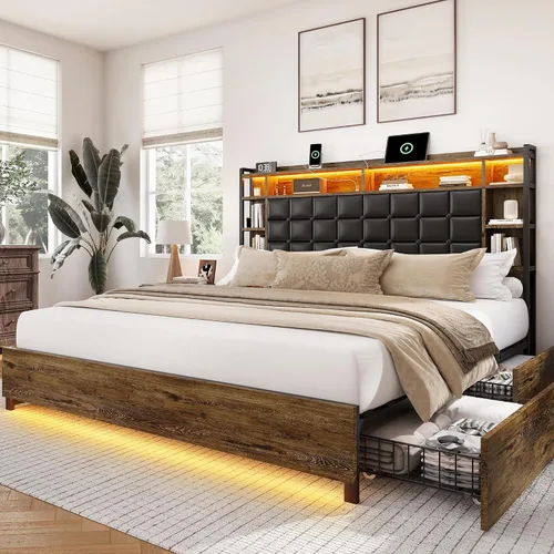 Vista 11 de LARMACE Marco de cama de madera tamaño queen con cajones de almacenamiento