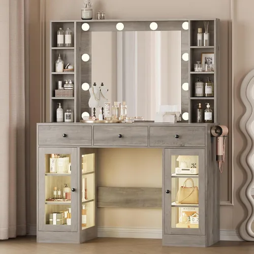 Vista 12 de Wodeer Pequeño escritorio de maquillaje con espejo y luces, tocador con armario de cristal, luces LED y toma de corriente, cajón y gabinetes