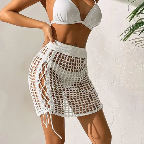 Vista 5 de ZAFUL Bikini de ganchillo para mujer, falda de punto con borlas, mini traje de baño con cordón lateral