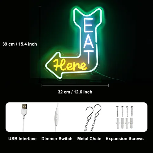 Vista 3 de Letrero de neón con guía de flecha para decoración de bar, restaurante, cocina Dimmable Kitchen Neon Signs for Wall, Diner Neon Light, Acrylic