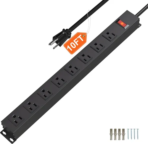 Vista 15 de Tira de alimentación de 10 tomas de 6 pies de largo, cable de extensión resistente para montaje en pared, enchufe de metal para cocina, oficina