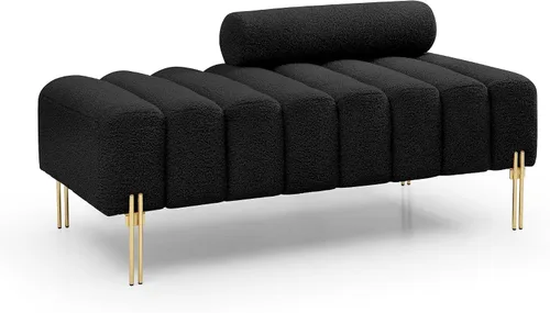 Vista 8 de Holaki Banco moderno de 53.2 pulgadas, cómodo sofá tapizado de tela sherpa, de 2 plazas, reposapiés, banco otomano con patas de metal dorado y Negro