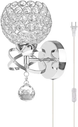 Vista 10 de Onerbuy Moderna lámpara de mesa de cristal enchufable, lámpara de mesa de noche cromada plateada E27 con interruptor de encendido/apagado en línea