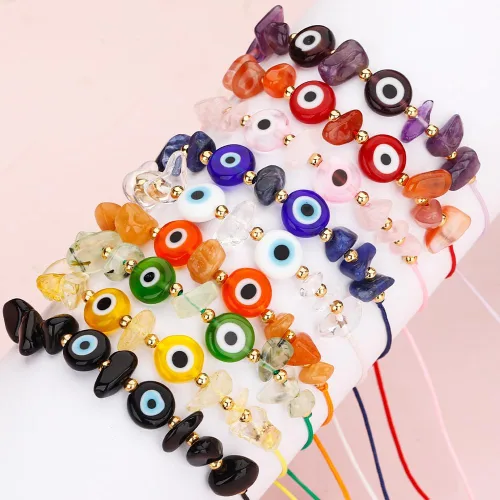 Vista 6 de Pulsera de cuentas de cristal de mal de ojo irregular, hecha a mano, ajustable, multicolor, multicolor, cuerda de cuerda inspiradora, amuleto