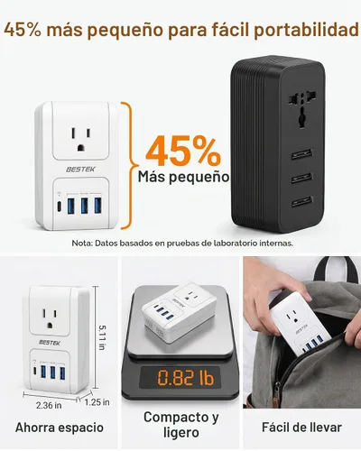 Vista 8 de BESTEK Adaptador de viaje internacional, PD 35W USB‑C cargador de viaje con 3 puertos USB‑A y 1 toma de CA, adaptador de corriente de viaje