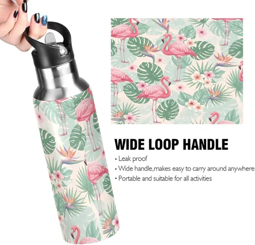 Vista 4 de BPA-Free Sports Water Bottle 20 Oz, Insulated Stainless Steel Water Bottle with Straw for Gym Outdoor Travel School, Tropical Leaves Pink Flamingos