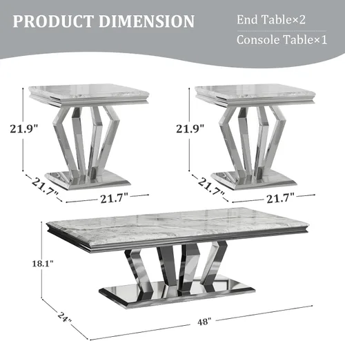Vista 3 de ACEDÉCOR El juego de mesa auxiliar de 3 piezas incluye una moderna mesa auxiliar plateada con cuatro bases geométricas de espejo y dos mesas
