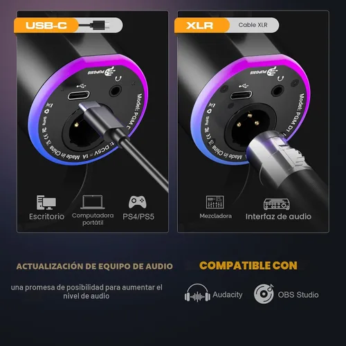 Vista 5 de PUPGSIS - Micrófono de podcast XLR/USB, micrófono para juegos con botón de silencio, efectos de reverberación, cancelación de ruido, soporte