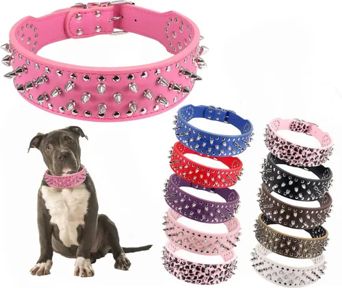 Vista 9 de PU - Collar para perro de piel sintética ajustable de 2.0 in, tachonado con clavos, Negro Collar de protección ajustable para el cuello