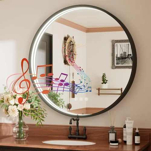 Vista 10 de Espejo de baño LED redondo Bluetooth dual de 20 pulgadas con antivaho Black Frame Circle Vanity Mirror with Lights, 3000K/4500K/6000K, Adjustable