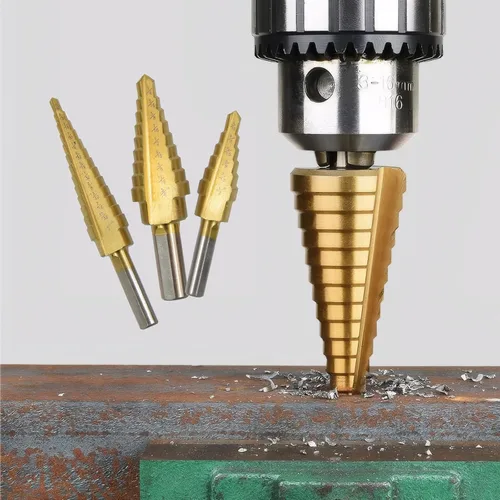 Vista 4 de Juego de 3 brocas de acero de alta velocidad para metal, con revestimiento de titanio, para taladrar agujeros en láminas de metal, madera, PVC