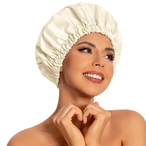 Vista 31 de Gorro de ducha reutilizable para mujer, grande, impermeable, lavable, banda elástica, accesorios de baño, sombrero para cabello largo, trenzas Beige
