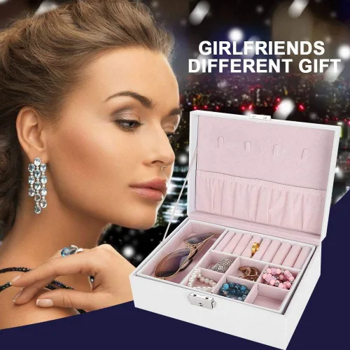 Vista 3 de TMISHION Caja organizadora de joyería, caja de almacenamiento, bandeja extraíble de 2 capas para aretes, pulsera de cuero, organizador de joyas