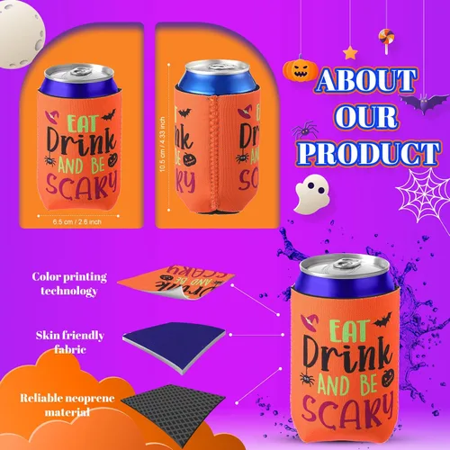 Vista 4 de 24 fundas para enfriar latas de Halloween – 12 onzas divertidas de calabaza y gato aislado para latas de cerveza, funda delgada para bebidas frías