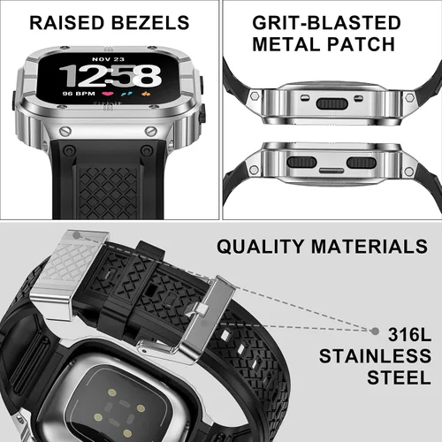 Vista 5 de MioHHR Funda y correa de acero inoxidable compatible con Fitbit Versa 4/3/2/Lite/Sense/Sense 2 bandas con funda de metal, resistente cubierta