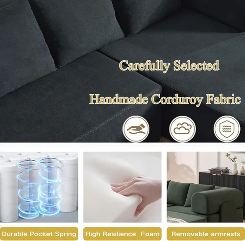 Vista 8 de Sofá modular de 106 pulgadas con diván en forma de L, moderno sofá modular Cloud con asiento profundo, cómodo sofá comprimido de terciopelo sin Negro