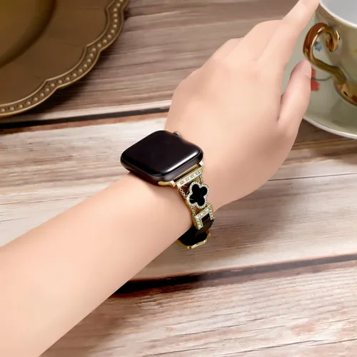 Vista 2 de Correa de cuero compatible con Apple Watch para mujeres de 38 mm, 40 mm, 41 mm, 42 mm, Series 10, 9, 8, SE, 7, 6, 5, 4, 3, 2, 1 1 oro/negro