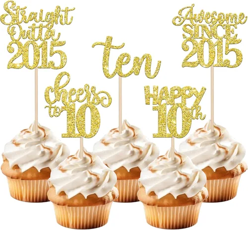 Vista 16 de Paquete de 30 adornos para cupcakes de 10º cumpleaños con purpurina recta hacia fuera de 2016, Happy 10th Ten Awesome Since 2016, 10 fabulosas Negro
