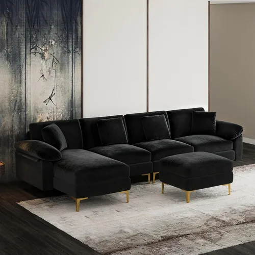 Vista 3 de OUYESSIR Sofá seccional en forma de U, juego de sofá de 4 asientos para sala de estar, juego de sofá convertible en forma de L de terciopelo