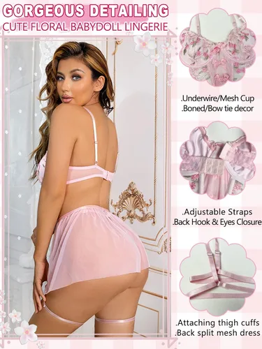 Vista 2 de popiv Conjunto de lencería sexy de encaje para mujer con liguero, lencería floral push up
