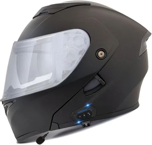 Vista 31 de Casco modular Bluetooth para motocicleta, aprobado por DOT, abatible, de cara completa, integrado, antivaho, doble visera, casco para motocicleta