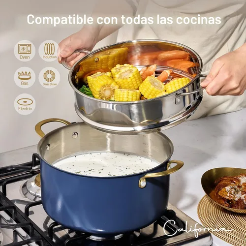Vista 6 de CAROTE Olla de 7,6 l completamente revestida de acero inoxidable de tres capas con tapa, olla de cocina, olla de sopa, capa exterior de cerámica Azul