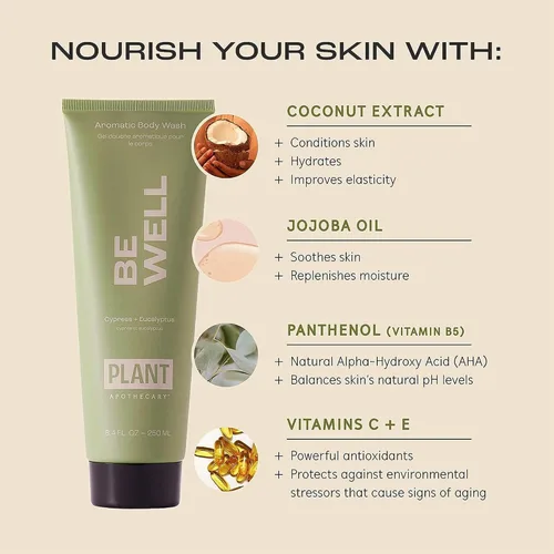 Vista 2 de plant apothecary Be Well Gel de baño sin sulfato para hombres y mujeres, gel de ducha hidratante con aceites esenciales y vitamina E, vitamina