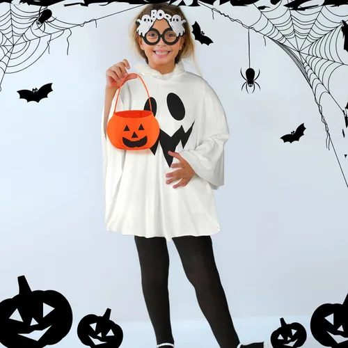 Vista 3 de Lewtemi Juego de 4 disfraces de Halloween para niños, disfraz de fantasma blanco, incluye gafas de cosplay, capa de fantasma, cubo de calabaza