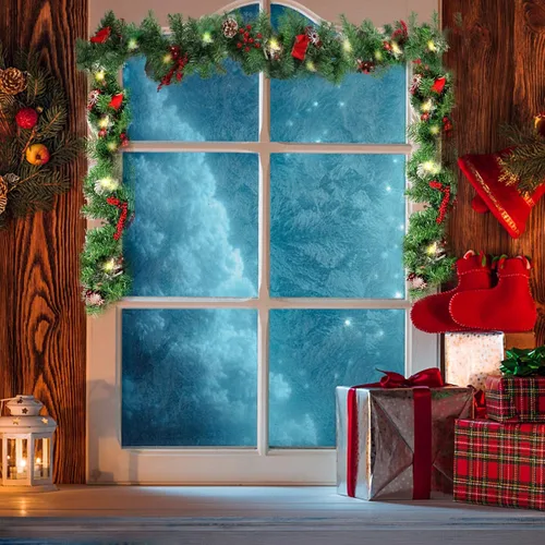 Vista 2 de MorTime Guirnalda de Navidad LED de 9 pies con piñas, lazos de bayas rojas, bolas de Navidad, guirnalda de Navidad multifunción con 50 luces LED