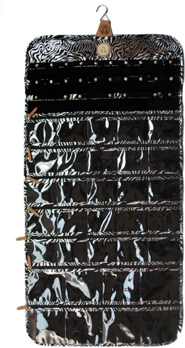 Vista 15 de Angelina's Palace Tenby Jewelry - Organizador de doble cara para colgar en el armario, rollo de almacenamiento de joyas, 24 barras de anillos