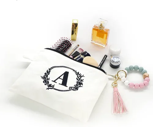 Vista 4 de Bolsa de cosméticos con combinación de letras bordadas, bolsa de regalo personalizada, adecuada para bodas, cumpleaños, vacaciones, es un gran