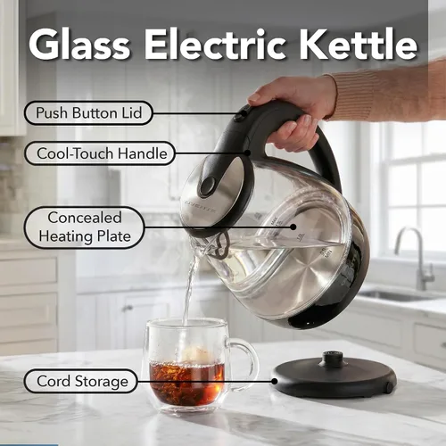 Vista 3 de OVENTE Hervidor eléctrico de vidrio de 1.5 L con luz LED azul, calentador de agua de encimera iluminado de 1100 W y caldera para café o té, apagado