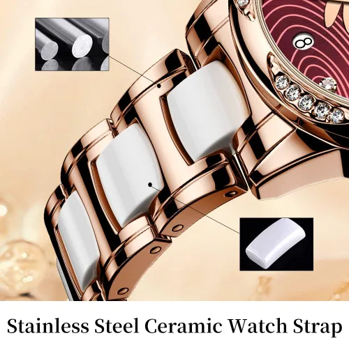 Vista 8 de OLEVS Relojes automáticos para mujer, mecánico, esfera de corazón, esfera de corazón, oro rosa, banda de cerámica, impermeable, luminoso, fecha