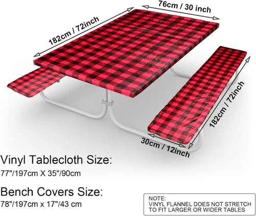 Vista 2 de BBTO Mantel de vinilo para mesa de picnic con fundas de banco, 72 x 30 pulgadas, impermeable, elástico ajustable para mesas rectangulares de 6 pies