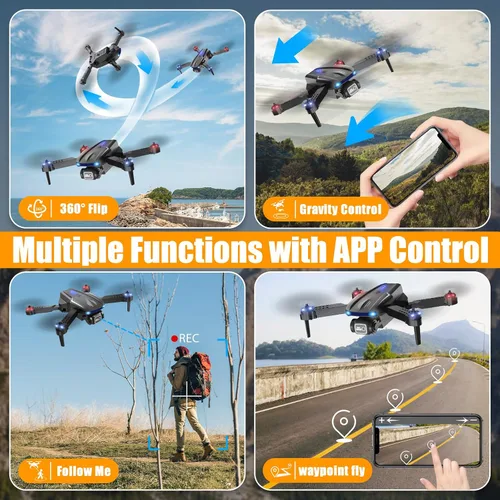 Vista 6 de X-shop Drone con cámara 1080P para niños y adultos, cuadricóptero RC plegable con despegue/aterrizaje con una tecla, selfie por gesto, volteretas