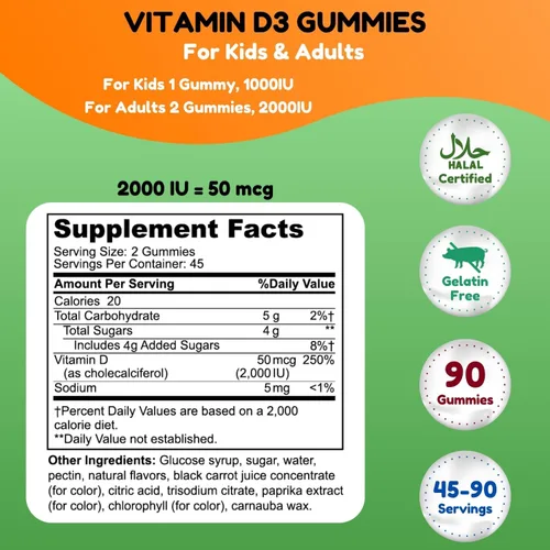 Vista 2 de SHIFAA NUTRITION Gomitas vegetarianas de vitamina D3 para adultos y niños 45-90 porciones, 2,000 UI/1,000 UI Sin OMG, sin gluten, sin gelatina