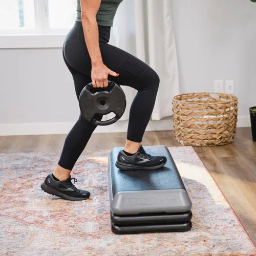 Vista 8 de La Plataforma de Ejercicio STEP Original, Escalón de Tamaño de Gimnasio para Ejercicio en Casa con 4 Elevadores Apilables para Ajustes de Altura