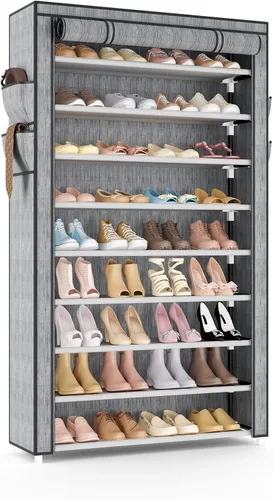 Vista 15 de Zapatero con cubierta, organizador de zapatos estrecho con 4 bolsillos laterales, estante alto de 10 niveles, almacenamiento para 18-22 pares