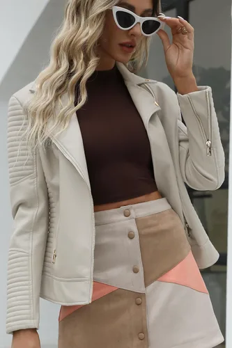 Vista 2 de Giolshon - Chaqueta corta estilo casual de piel sintética para mujer, abrigo para primavera, otoño e invierno