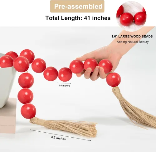 Vista 99 de OMISHE Guirnalda de cuentas de madera extra grande con cuentas de madera y borlas de 1.6 pulgadas de diámetro, cuentas decorativas rústicas de 41