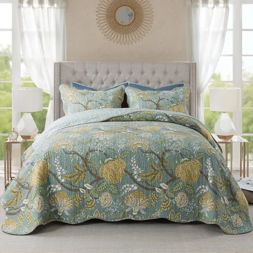 Vista 9 de NEWLAKE Juego de colchas tamaño queen, conjunto de colcha de algodón con diseño de retazos en colores azul y negro con patrones a cuadros, colcha
