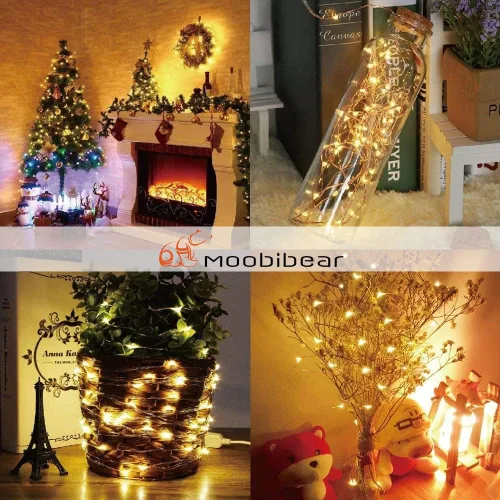 Vista 2 de Moobibear Guirnalda de luces de hadas impermeables enchufables con control remoto de 24 teclas, 100 luces LED de 33 pies, color blanco cálido, luz