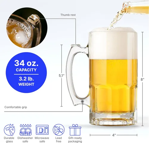 Vista 2 de Jarra de Cerveza de Vidrio con Asa – 34 onzas líquidas / 1L – Jarra de Cerveza Grande y Pesada para Cerveza de Raíz – Mejor Regalo para Hombres